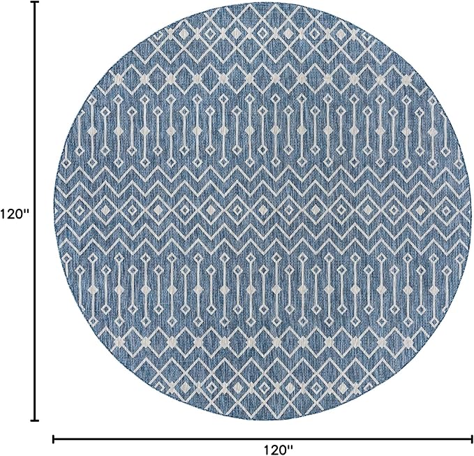 Unique Loom Outdoor Trellis Collection Area Rug - Tribal Trellis (10' Round, Blue/ Ivory)