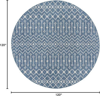 Unique Loom Outdoor Trellis Collection Area Rug - Tribal Trellis (10' Round, Blue/ Ivory)