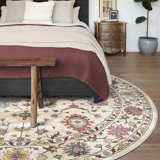 Washable Round Area Rug 4ft - Cream Colorful Traditional Floral Boho Living Room Circle Rug 4x4 Non-Slip Carpet Soft Vintage Bohemian Round Rugs for Bedroom Bathroom Kitchen Nursery