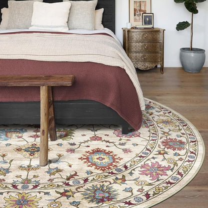 Washable Round Area Rug 4ft - Cream Colorful Traditional Floral Boho Living Room Circle Rug 4x4 Non-Slip Carpet Soft Vintage Bohemian Round Rugs for Bedroom Bathroom Kitchen Nursery