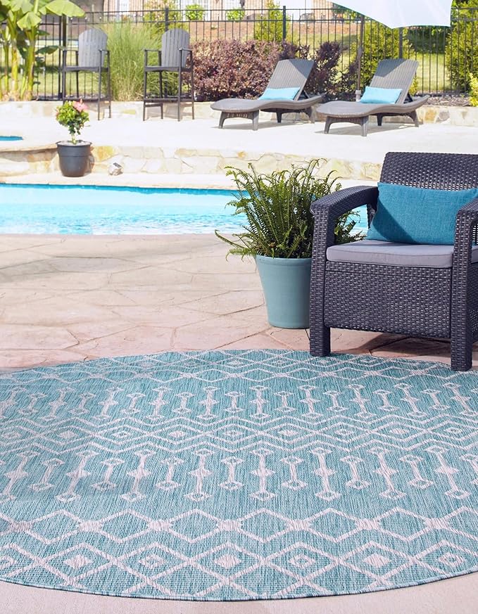 Unique Loom Outdoor Trellis Collection Area Rug - Tribal Trellis (3' 3" Round, Aqua/ Ivory)