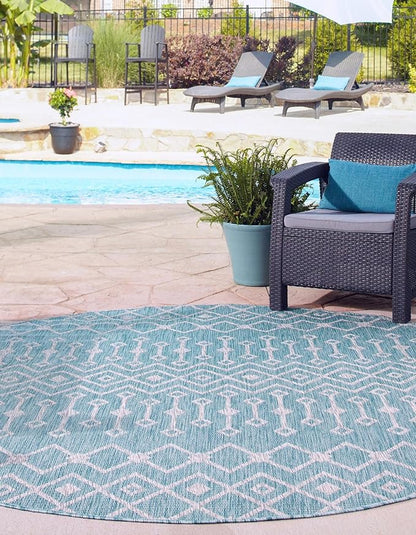 Unique Loom Outdoor Trellis Collection Area Rug - Tribal Trellis (7' 10" Round, Aqua/ Ivory)