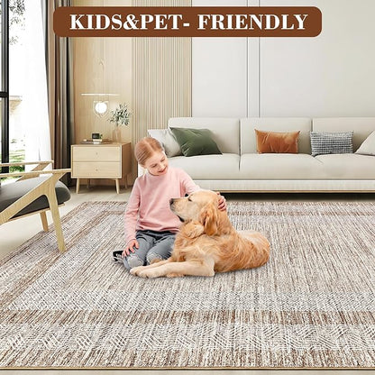 GarveeHome 6x9 Large Washable Area Rug Modern Bordered Rug Distressed Geometric Floor Carpet, Soft Non Slip Low Pile Non Shedding Rug, Indoor Brown for Bedroom, Living Room