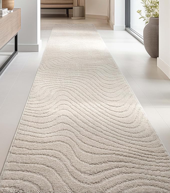Well Woven Custom Size Hallway Stair Runner - Choose Your Length - 27 Inches Wide x 60 Feet Long Runner (27" x 60' Runner) Rug - Ivory Sibi Soft Touch, Modern Abstract - Hi-Lo Pile