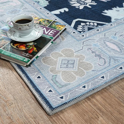 Fame Living Navy Blue Oushak Rug, Modern, Vintage, Turkish, Eclectic, Floral, Pastel, Washable, Area Rugs for Living Room, Dining, Bedroom, Nursery, Girls, Boys, 5'9"x8'9"