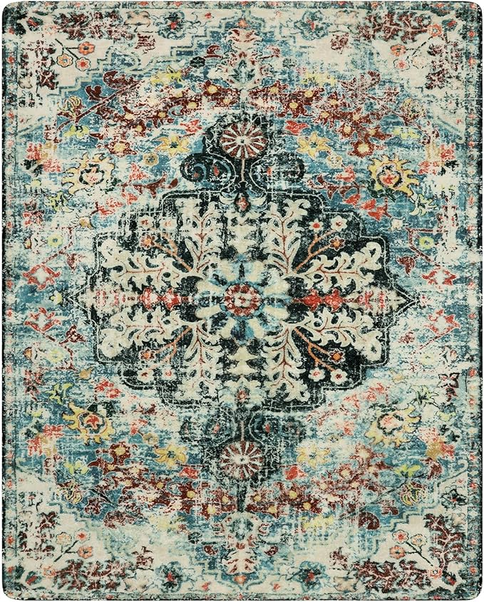 Lahome Boho 8x10 Rugs for Living Room, Teal Washable Rugs for Bedroom Aesthetic Large Dining Room Rug, Large Bohemian Printed Non-Slip Low Pile Throw Playroom Carpet for Kids Room Nursery Office