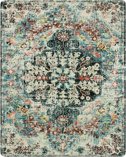 Lahome Boho 8x10 Rugs for Living Room, Teal Washable Rugs for Bedroom Aesthetic Large Dining Room Rug, Large Bohemian Printed Non-Slip Low Pile Throw Playroom Carpet for Kids Room Nursery Office