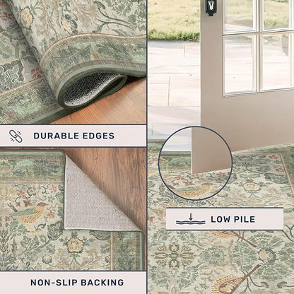 Washable Sage Green Floral Rugs for Entryway - Small 2x4 Runner Rug for Kitchen Bathroom Door Mat Indoor Entrance with Bird & Botanical Pattern, Light Green and Beige, Non Slip Low Pile