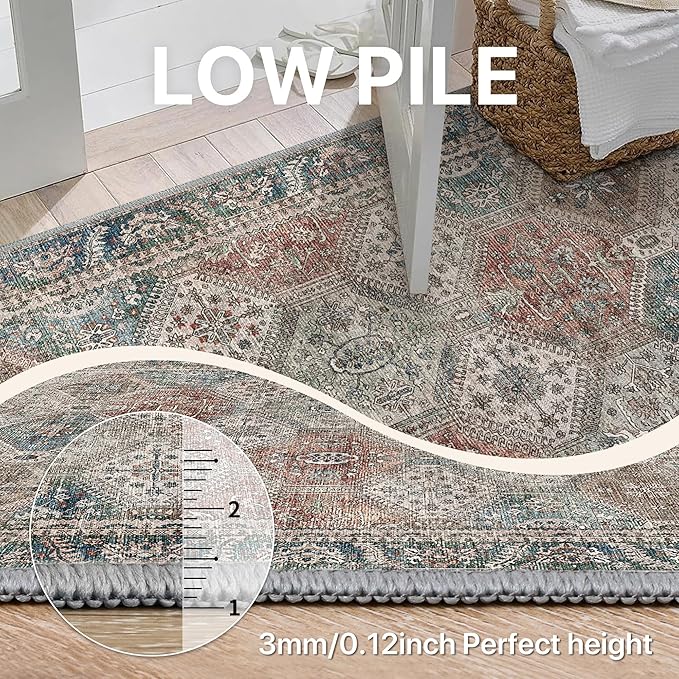 Bavni 8x10 Area Rugs for Living Room, Machine Washable Rug Non Slip, Vintage Chenille Distressed Print Carpet, Large Low Pile Ultra-Thin Lightweight Rugs for Bedroom, Dining Room, Home, Office, Red