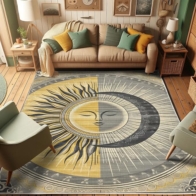Ambesonne Sun and Moon Decorative Rug, Celestial Esotery Lunar and Solar Characters with Leafy Details Modern, Quality Carpet for Bedroom Dorm and Living Room, 4' X 5' 5", Mustard Purpleblue