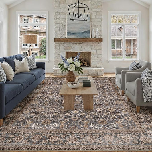HUGEAR 10x14 Machine Washable Rugs Tradition Brown Hallway Large Area Rug Indoor Accent Rug Floral Low Pile Carpet Soft Throw Aesthetic Rug Bedroom Living Room Office Dining Room Kitchen Laundry Room