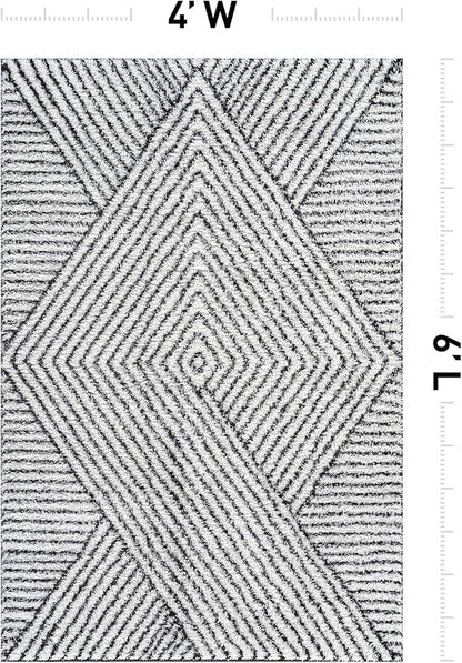 Rugshop Geometric Diamond Stripe Shag Area Rug White 4' x 6' Ideal for Small Living Rooms, Offices, or Beside The Bed