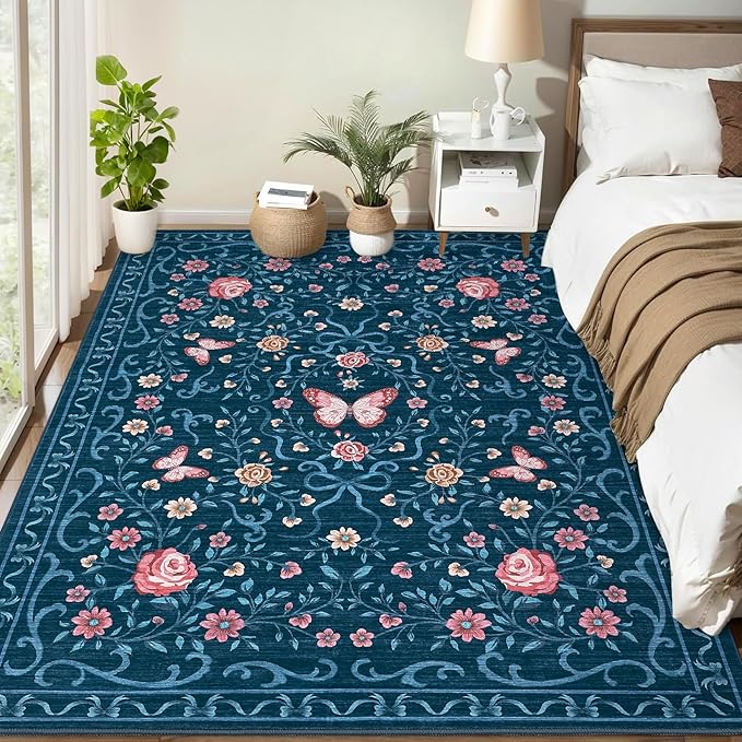 GarveeHome 3x5 Small Area Rug for Bedroom Floral Washable Rugs Non Slip Stain Resistant Living Room Throw Carpet Low Pile Dining Room Blue Area Rug Butterfly Bow Rugs for Nursery Home Decor, 3x5