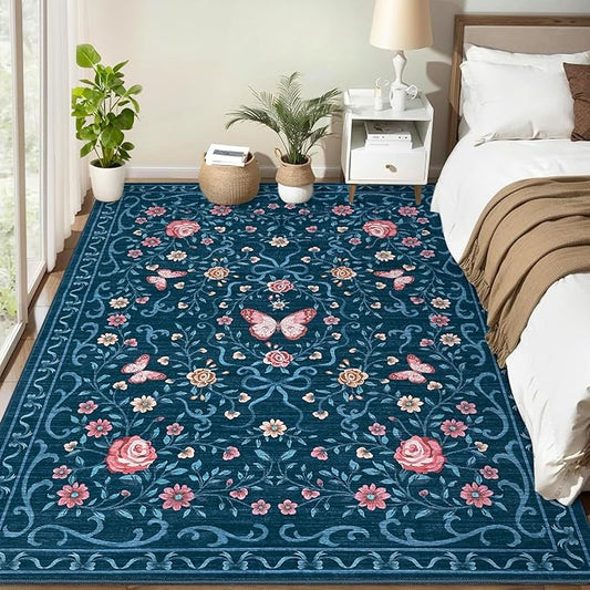 GarveeHome 3x5 Small Area Rug for Bedroom Floral Washable Rugs Non Slip Stain Resistant Living Room Throw Carpet Low Pile Dining Room Blue Area Rug Butterfly Bow Rugs for Nursery Home Decor, 3x5