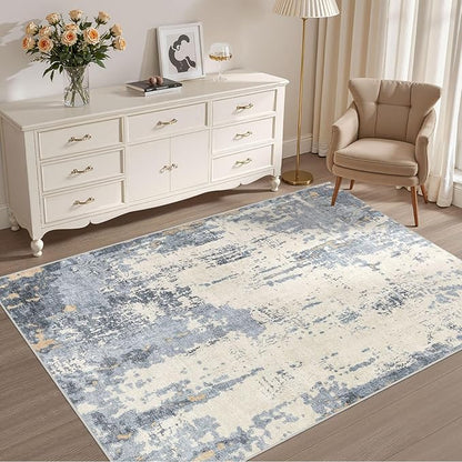 4x6 Area Rug Living Room Rugs - Washable Neutral Modern Abstract Soft Thin Rug Indoor Floor No Slip Rug Carpet for Bedroom Under Dining Table Home Office Decor - Blue/Light Brown