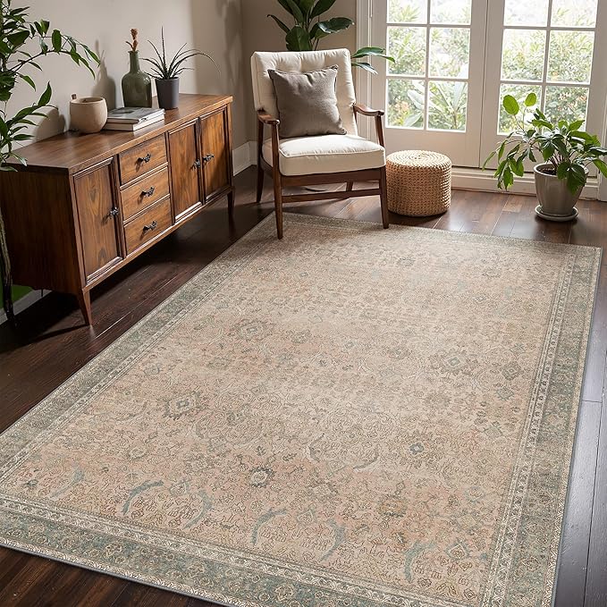 9x12 Area Rug Machine Washable Boho Rug for Living Room,Ultra-Thin Low Pile Carpet,Lightweight Indoor Printed Rug,Non Slip Floral Area Rug for Bedroom, Dining Room, Home Office,Light Beige