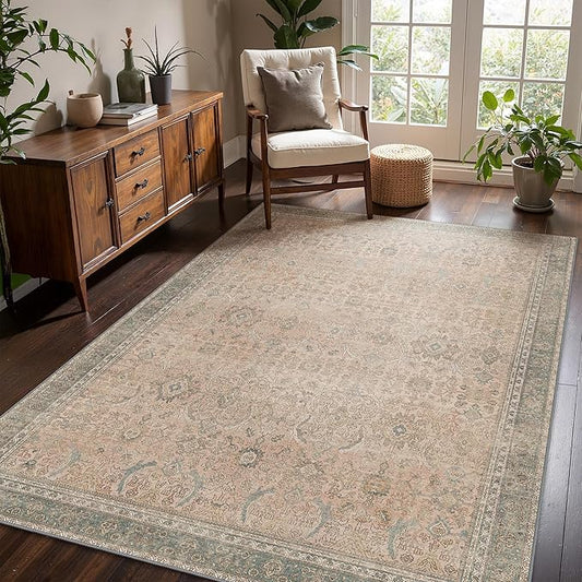 9x12 Area Rug Machine Washable Boho Rug for Living Room,Ultra-Thin Low Pile Carpet,Lightweight Indoor Printed Rug,Non Slip Floral Area Rug for Bedroom, Dining Room, Home Office,Light Beige