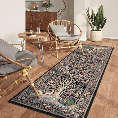 Rugcomf Runner Rug Vibrant Tree of Life-Patterned Vintage Kitchen Rugs Non Slip Washable Soft Carpet Runner for Laundry Bedroom Bathroom, Black