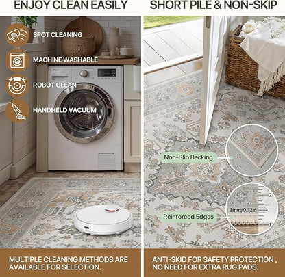 Bavni 2x7 Washable Runner Rug for Hallway, Vintage Grey Rug with Non-Slip Backing, Oriental Distressed Print Indoor Kitchen Runner, Low Pile Thin Soft Small Rugs for Entryway, Bedroom, Laundry Room