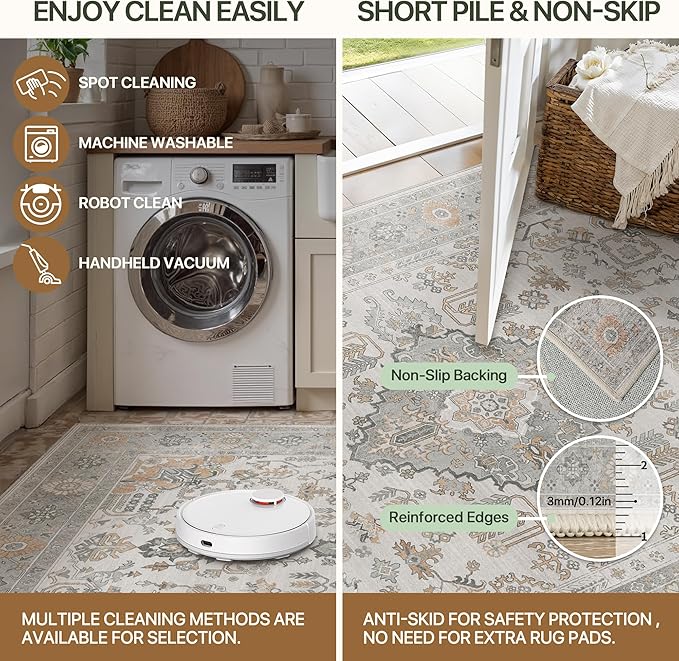 Bavni 2x5 Washable Runner Rug for Hallway, Vintage Grey Rug with Non-Slip Backing, Oriental Distressed Print Indoor Kitchen Runner, Low Pile Thin Soft Small Rugs for Entryway, Bedroom, Laundry Room