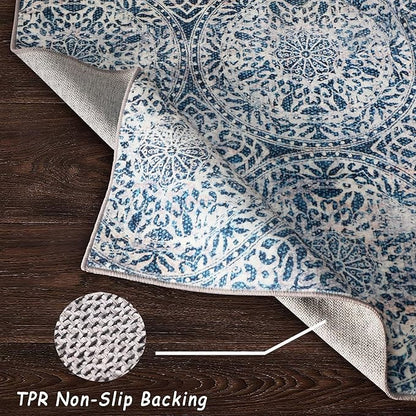 vivorug 3x5 Rug, Small Area Rug for Living Room, Bedroom, Kitchen, Machine Washable Non-Slip Throw Rug, Vintage Medallion Carpet for Entryway Nursery Coffee Table - Durable (Blue)
