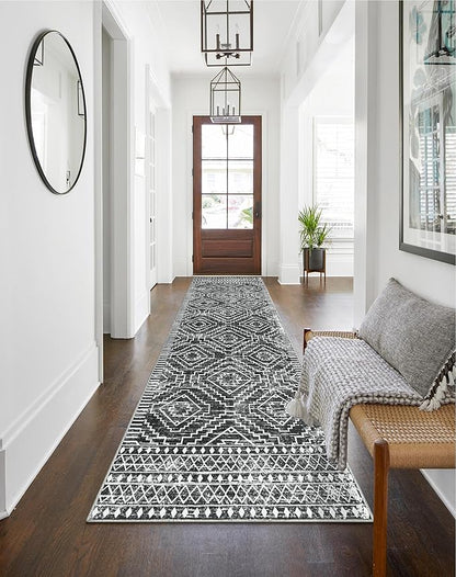 Wonnitar Moroccan Hallway Runner Rug 10 ft, Machine Washable 2'6"x10' Long Runner Rugs for Kitchen, Boho Non-Skid Soft Low Pile Carpet Runner for Entryway Hall Entrance (Dark Grey,2'6"x10')