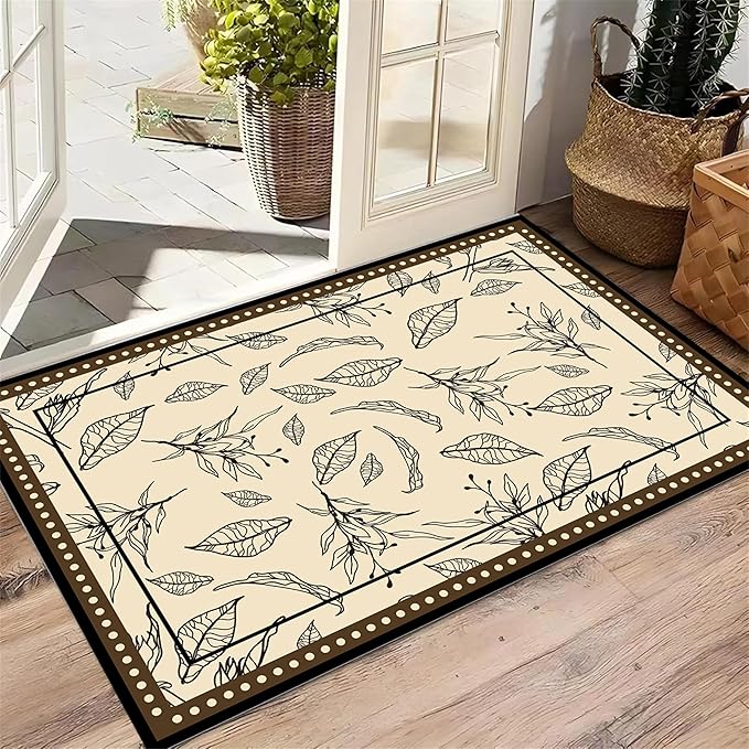Medieval French Style Area Rugs 3x4ft, Off-White Botanical Leaf Pattern Rug, Low Pile Carpet, Washable & Non-Slip for Living Room, Bedroom, Dining Room, Dorm
