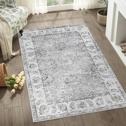 jinchan Fiora Washable Area Rug 3x5 Entryway Rug - Distressed Vintage Floral Ultra-Thin Low-Pile Soft Non-Shedding Indoor Floor Carpet for Kitchen Bedroom Entrance Laundry Living Room(3x5ft, Grey)