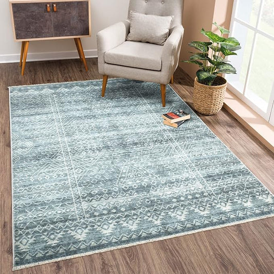 Bloom Rugs Caria Washable Non-Slip 3x5 Rug - Teal/Ivory Geometric Area Rug for Living Room, Bedroom, Dining Room, and Kitchen - Exact Size: 3' x 5'