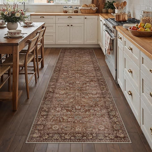 HUGEAR 3x8 Runner Rug Machine Washable Brick Red Hallway Area Rug Indoor Accent Rugs Floral Low Pile Carpet Soft Throw Rugs Bedroom Living Room Office Dining Kitchen Laundry Non Slip