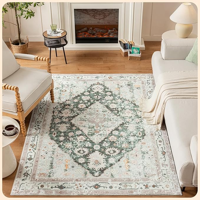 Istana 5x7 Area Rug - Light Green/Beige Rugs for Living Room 5x7 - Foldable Rugs for Bedroom - Stain Resistant Washable Rug - Eco-Friendly Boho Area Rugs - Easy to Clean Living Room Rug