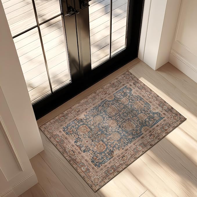 Kuden 3x5 Small Rug, Machine Washable, Non-Slip Backing, Vintage Style, Soft, Low Pile, Area Rugs for Entryway Kitchen Indoor Entrance