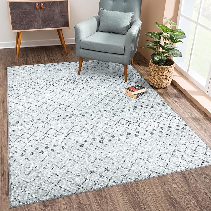 Bloom Rugs Washable Non-Slip 8' x 10' Rug - Ivory/Gray Traditional Moroccan Area Rug for Living Room, Bedroom, Dining Room, and Kitchen - Exact Size: 8' x 10'
