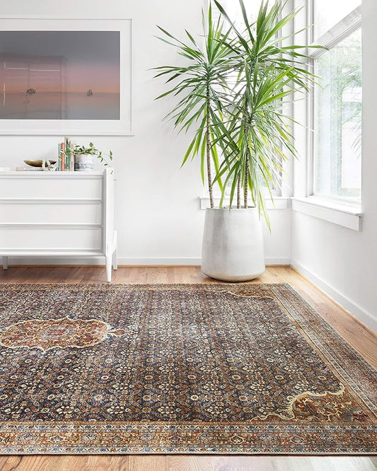 Loloi Layla Collection LAY-09 Cobalt Blue/Spice 9'-0" x 12'-0" .13" Thick Area Rug, Soft, Durable, Vintage Inspired, Distressed, Low Pile, Non-Shedding, Easy Clean, Printed, Living Room Rug