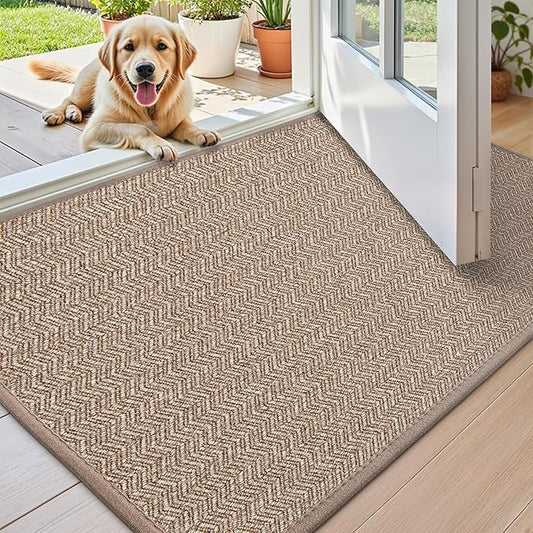 Color&Geometry Thin Indoor Entrance Mats for Home, 17"X29.5" Indoor Mats for Entryway Non Slip Rubber Backed, Dirt Trapper Door Rugs for Entryway Indoor Washable, Dark Khaki (Rolled-up NO Creases)