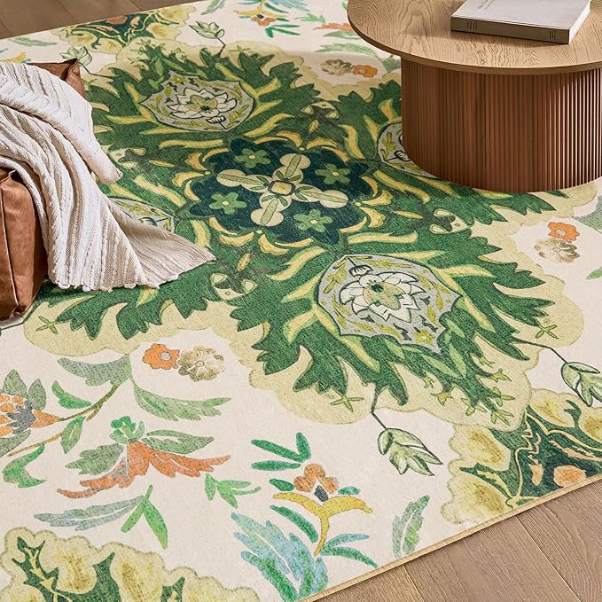 Phantoscope Washable Area Rug 4'x6' Non-Slip, Vintage Boho Rugs for Living Room, Bedroom, Dining Room, Neutral Green Floral Medallion Pattern, Low-Pile Foldable Floor Carpet, Forest Green/Cream