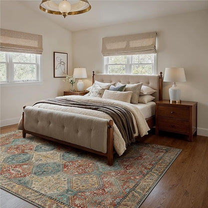 Bavni 8x10 Area Rugs for Living Room, Machine Washable Rug Non Slip, Vintage Chenille Distressed Print Carpet, Large Low Pile Ultra-Thin Lightweight Rugs for Bedroom, Dining Room, Office, Blue/Tan/Red