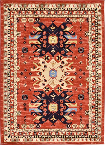 Unique Loom Taftan Collection Border Geometric Tribal Inspired Design Area Rug (7' 0 x 10' 0 Rectangular, Terracotta/ Ivory)