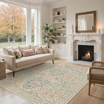 Bavni Floral Beige Pink Area Rugs 5x7, Vintage Boho Carpet Machine Washable, Non Slip Soft Low Pile Thin Rug for Bedroom, Living Room, Dining Room, Nursery
