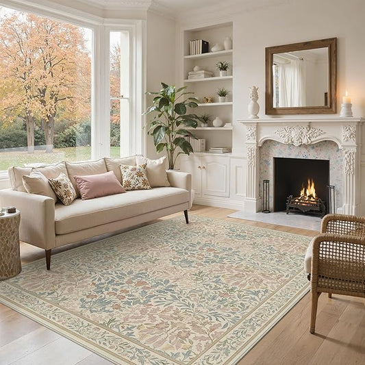 Bavni Floral Beige Pink Area Rugs 5x7, Vintage Boho Carpet Machine Washable, Non Slip Soft Low Pile Thin Rug for Bedroom, Living Room, Dining Room, Nursery