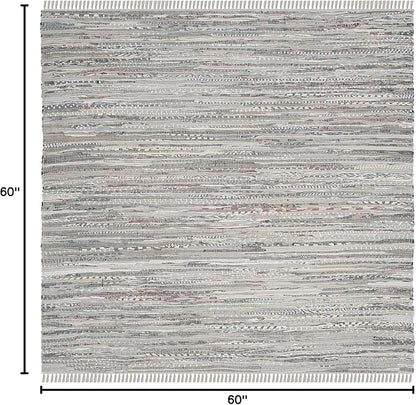 SAFAVIEH Rag Rug Collection Area Rug - 5' Square, Grey, Handmade Boho Stripe Cotton, Ideal for High Traffic Areas in Living Room, Bedroom (RAR121A)