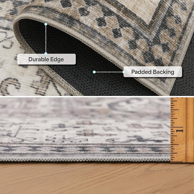 ReaLife Rugs Machine Washable Area Rug - Living Room Bedroom Bathroom Kitchen Entryway Office - Padded Low Pile Stain Resistant Premium - Boho Farmhouse Vintage - Paz - Beige Gray Ivory 5' x 7'