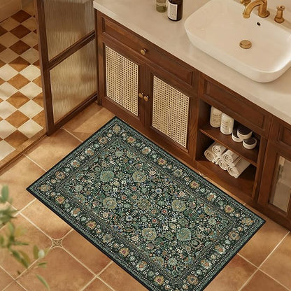 Dark Green Area Rug Entryway Rugs for Bedroom Bathroom Kitchen - 2x3 Small Soft Rugs Low Pile Keep Off Rug Carpet Washable Rug Oriental Indoor Boho Area Rug Cute