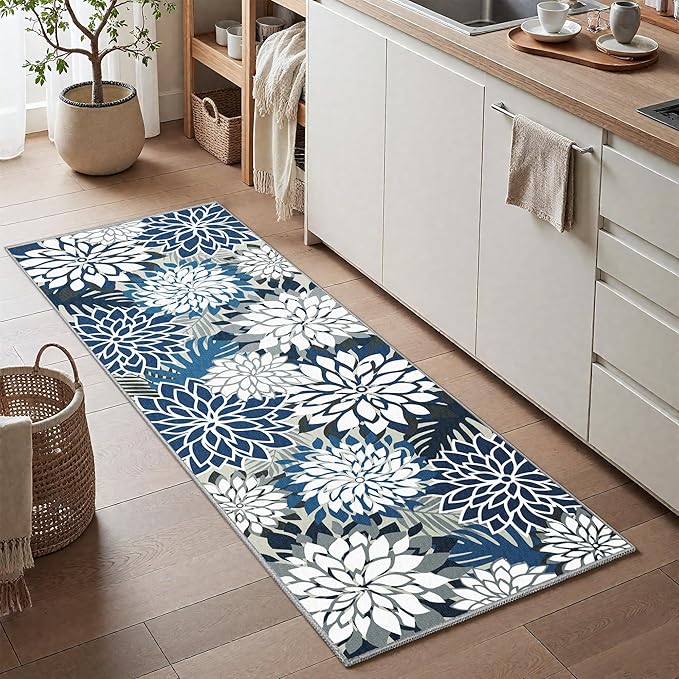 2x6 Washable Runner Rug for Hallway Tropical Botanical Modern Floral Chenille Kitchen Rugs Low Pile Non Slip Carpet for Patio, Bedroom, Laundry, Blue