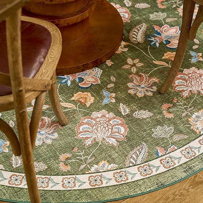 jinchan Elora 4ft Floral Round Rug for Entryway Washable Kitchen Rug Vintage Romance Design Non Slip Indoor Doormat Lightweight Low-Profile Throw Carpet for Living Room Dining Room Bedroom, Green