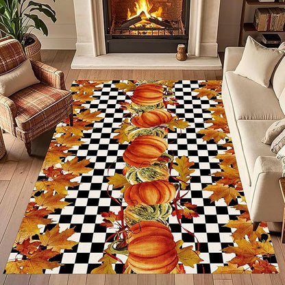 Pumpkin Area Rugs, 5x8ft, Fallen Leaves Autumn Harvest Pumpkins Black and White Checkered Rug, Ultra-Thin Rubber Non Slip Geometric Carpet for Living Room Playroom