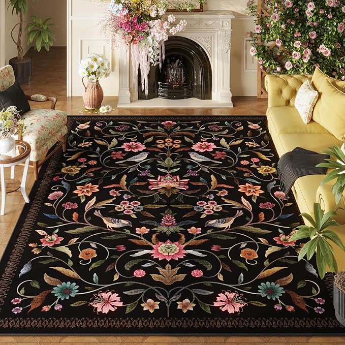Vintage Medallion Floral Area Rugs 8x10 Clearance, Machine Washable Non-Slip, Low Pile Soft Large Carpet for Living Room, Bedroom, Dining Room, Farmhouse, Kids Playroom, Office | Black