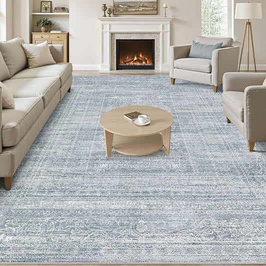 10x12 Area Rug Living Room: Washable Large Vintage Blue Rug Neutral Non-Slip Soft Stain Resistant Indoor Carpet for Bedroom Nursery Dining Room Under Table Bed Home House Office Playroom