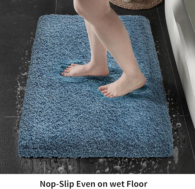 Small Bathroom Rug 17x24 Non Slip Blue Fluffy Bath Mat for Bathroom Floor Washable Plush Luxury Bath Rug for Tub Soft Shaggy Absorbent Shower Mat