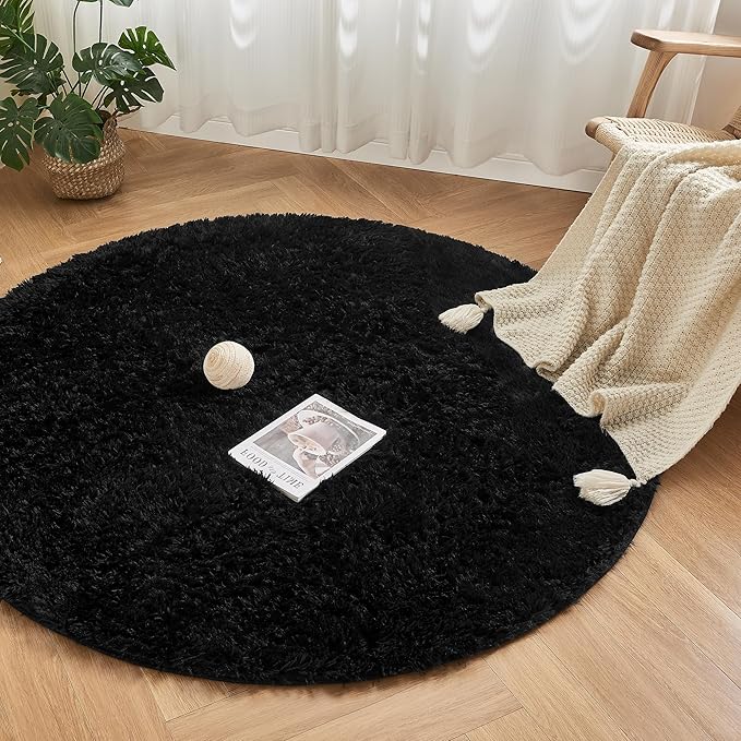 Andency Black Round Area Rug 5x5 for Bedroom, Fluffy Shag Circle Rug for Room, Faux Fur Carpet for Home Decor, Fuzzy Plush Circular Rug for Living Room, Playroom